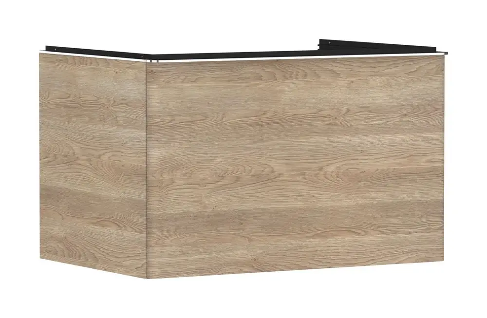 Heller Waschtischunterschrank mit Holzoptik und einem Schubkasten. Von Hansgrohe, geeignet für Aufsatzwaschtische, mit glatter, geschliffener Oberfläche.